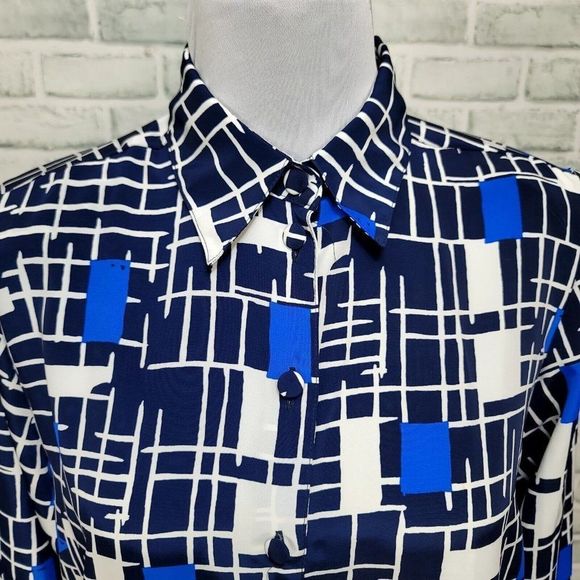 Vintage 90s Liz Baker Womens M Black Blue Abstract Geo Button Front Blouse L/S - Picture 2 of 6